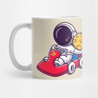Cute Astronaut Riding Gokart With Holding Moon Cartoon Mug